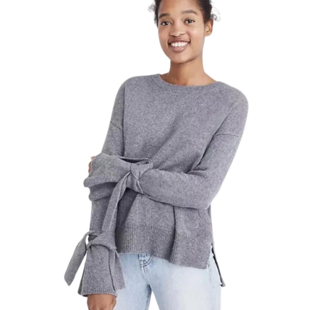 Madewell Tie Sleeve Cuff Gray Pullover Sweater S‎ Long Sleeve Minimalist Crew